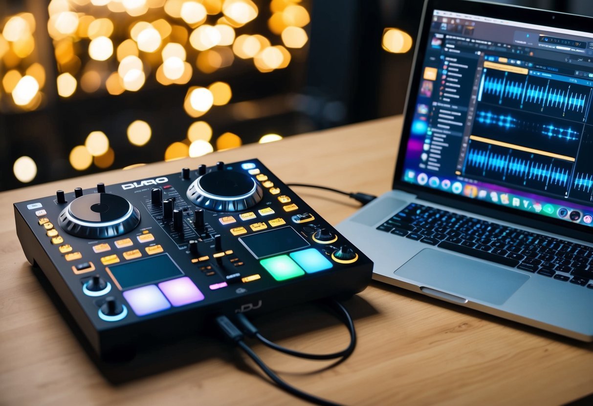 A DJ controller with illuminated buttons and knobs, connected to a laptop with music production software open on the screen