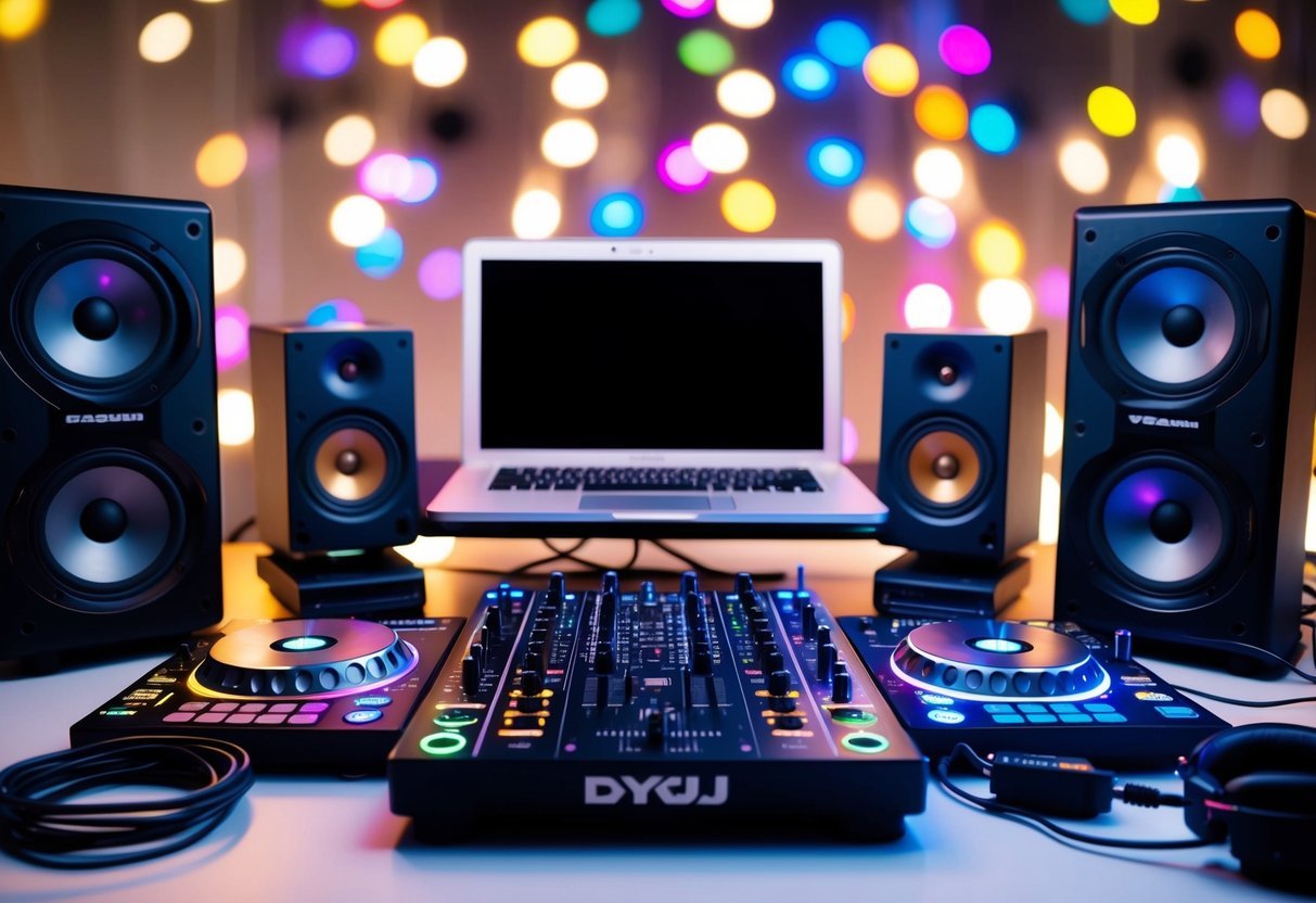A DJ controller, headphones, and speakers arranged on a desk with a laptop and mixer, surrounded by colorful LED lights and cables