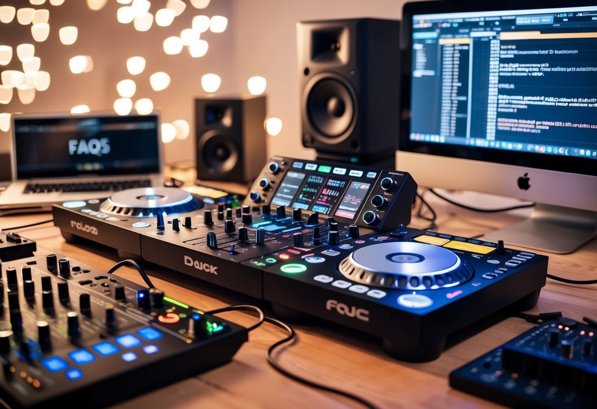 A DJ controller surrounded by music production equipment and cables, with a computer displaying FAQs on the screen