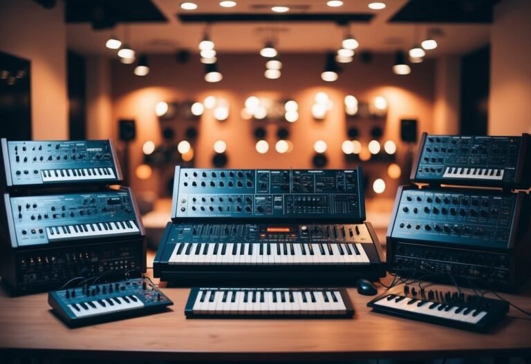 Collection of vintage synthesizers on a wooden table in a studio