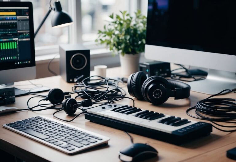 Music studio desk with keyboard, headphones, and computer monitors