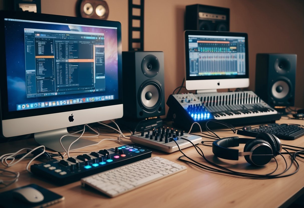 A cluttered desk with computer, MIDI keyboard, and audio interface.</p><p>Cables and headphones strewn about.</p><p>Monitors and mixing console in the background