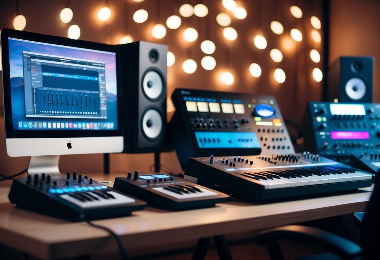 A studio setup with MIDI controllers, synthesizers, and a computer running music production software