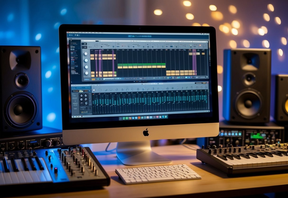 A computer screen displaying a music production software with multiple sequencers for melodies and harmonies, surrounded by various musical instruments and audio equipment