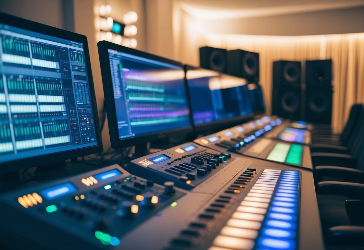 A sleek and modern music production studio with rows of sequencing sequencers and computer screens, illuminated by soft ambient lighting