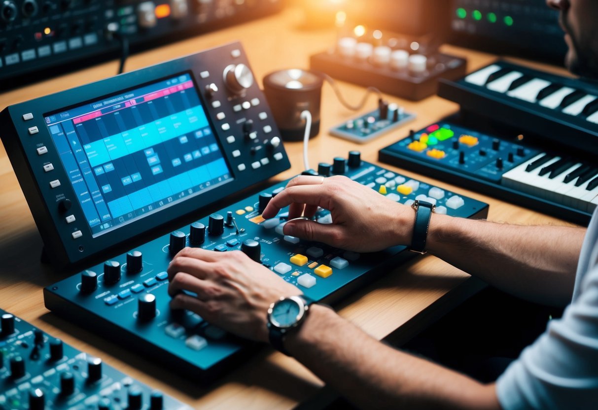 A person using a digital audio workstation, adjusting knobs and sliders on a sequencer, surrounded by various sound samples and musical instruments