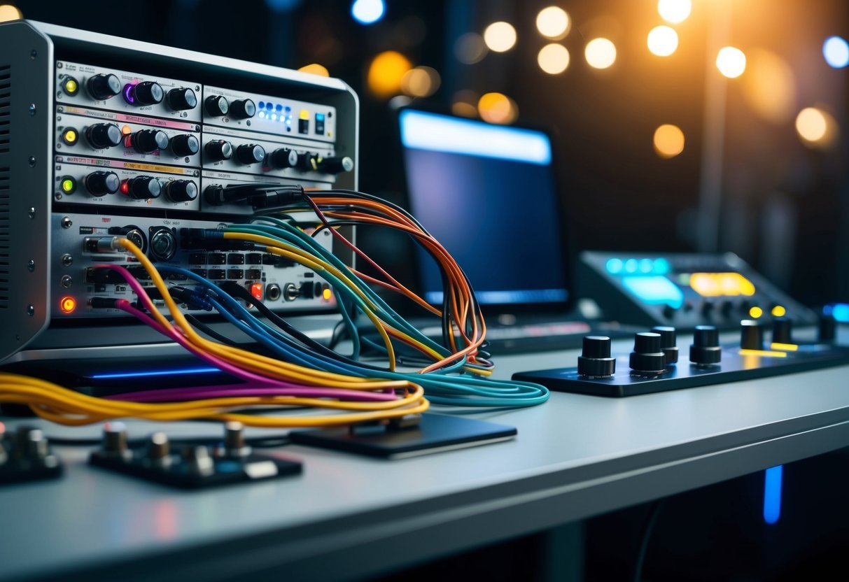 A tangle of colorful wires and electronic modules arranged on a sleek, modern desk, with blinking lights and knobs indicating the complex process of music production
