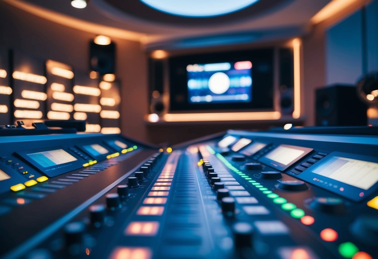 A futuristic music studio with advanced sequencing equipment and innovative technology for music production