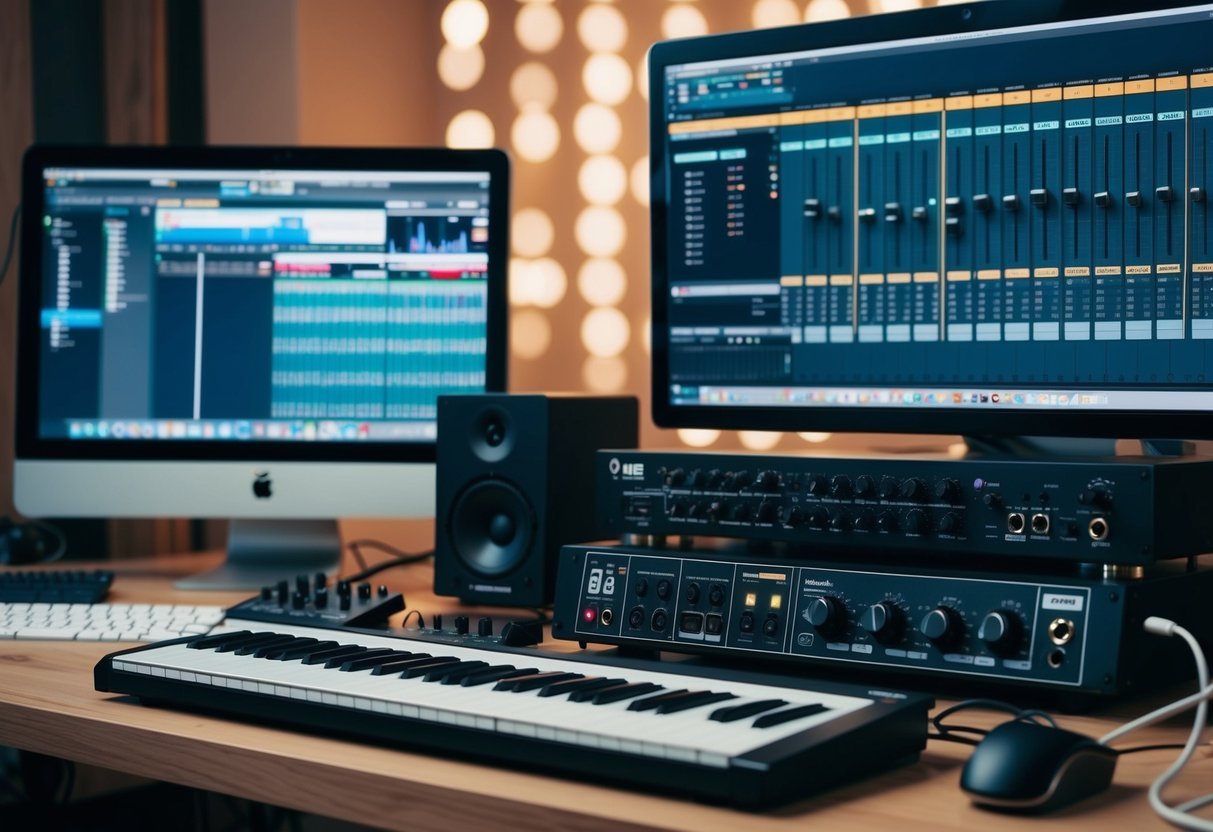 A studio desk with a computer, MIDI keyboard, and audio interface.</p><p>Cables connect the equipment while a sequencer software interface is displayed on the computer screen