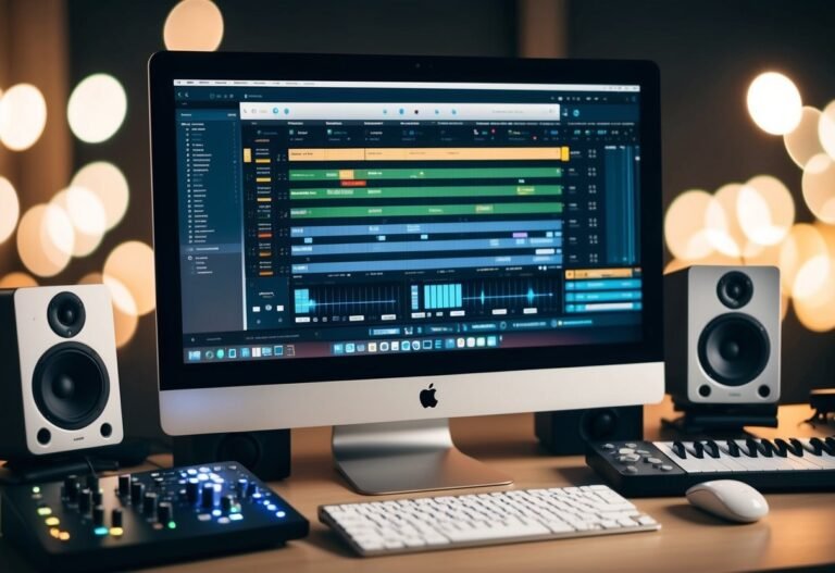 Computer screen with audio editing software, speakers, and music equipment