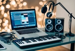Laptop, keyboard, speakers, and headphones on a desk for music production