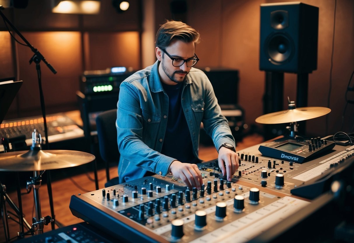 Man in glasses adjusting a soundboard in a recording studio