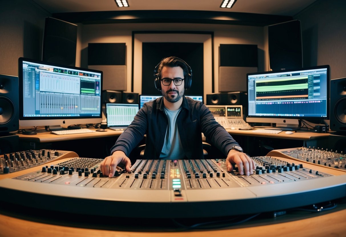 A music producer sits at a mixing desk, surrounded by sound equipment and computer screens, adjusting levels and tracks in a recording studio