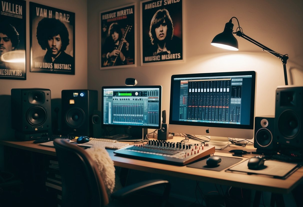 A cluttered desk with a computer, mixing board, and various musical instruments.</p><p>Posters of famous musicians line the walls, and soft lighting creates a cozy atmosphere