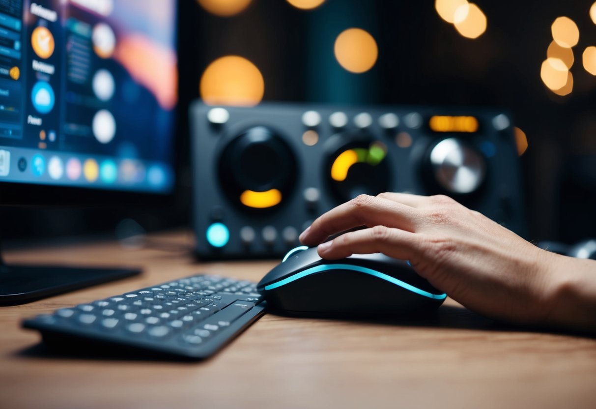 A person's hand using a mouse to click on various icons and buttons within a digital audio workstation (DAW) interface