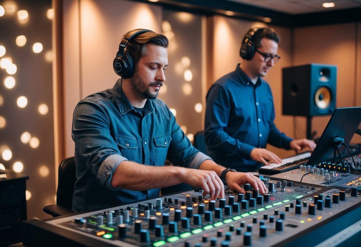 A music producer sits at a mixing console, adjusting levels and settings while a recording engineer operates the equipment in a professional recording studio