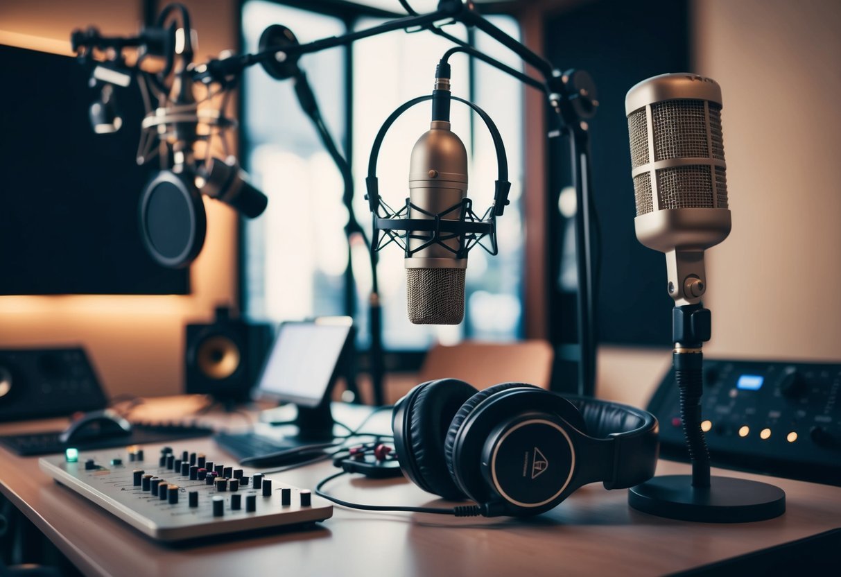 A recording studio with microphones, headphones, and music production equipment arranged on a desk
