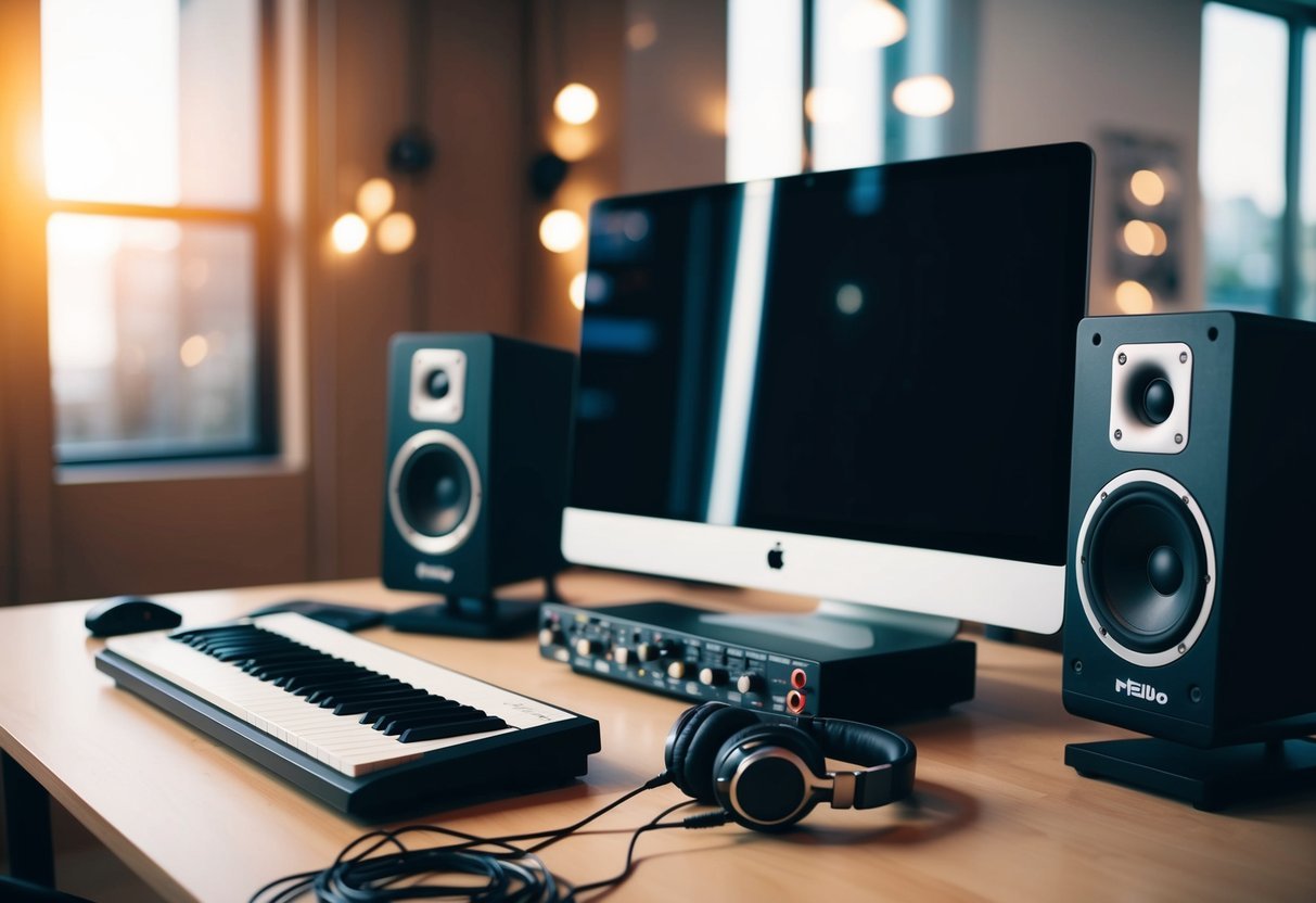A desk with a computer, MIDI keyboard, studio monitors, and audio interface.</p><p>Cables and headphones are neatly organized