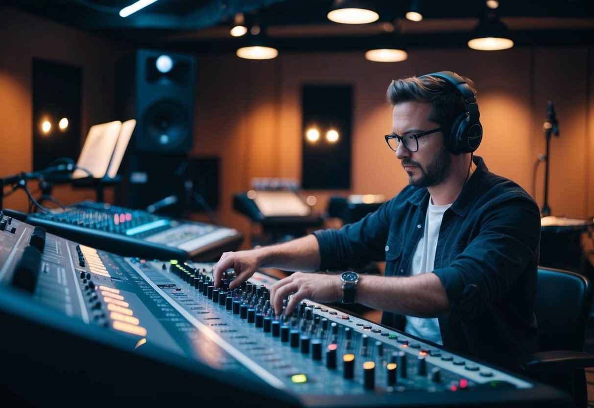 A music producer sits at a mixing board in a dimly lit studio, surrounded by instruments and recording equipment.</p><p>They are focused on adjusting levels and tweaking sound effects