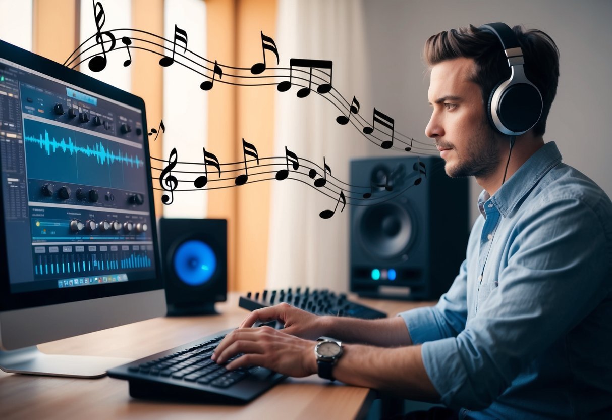 A person sitting at a computer with headphones on, adjusting knobs and sliders on a digital audio workstation (DAW) while music notes and sound waves float around them