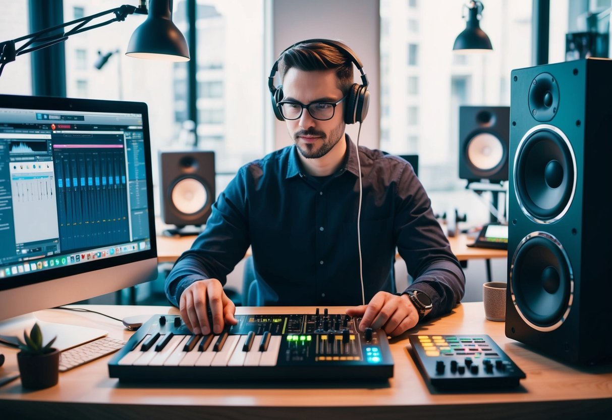 A music producer at a desk surrounded by digital tools and equipment, including a computer, MIDI keyboard, mixing board, and headphones