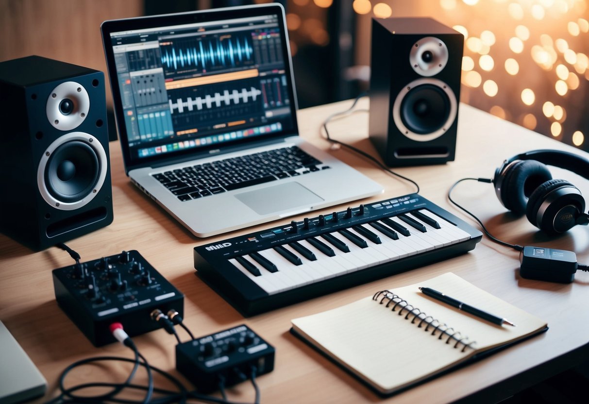 A beginner's music production setup: laptop, MIDI keyboard, studio monitors, audio interface, and headphones on a desk with cables and a notepad