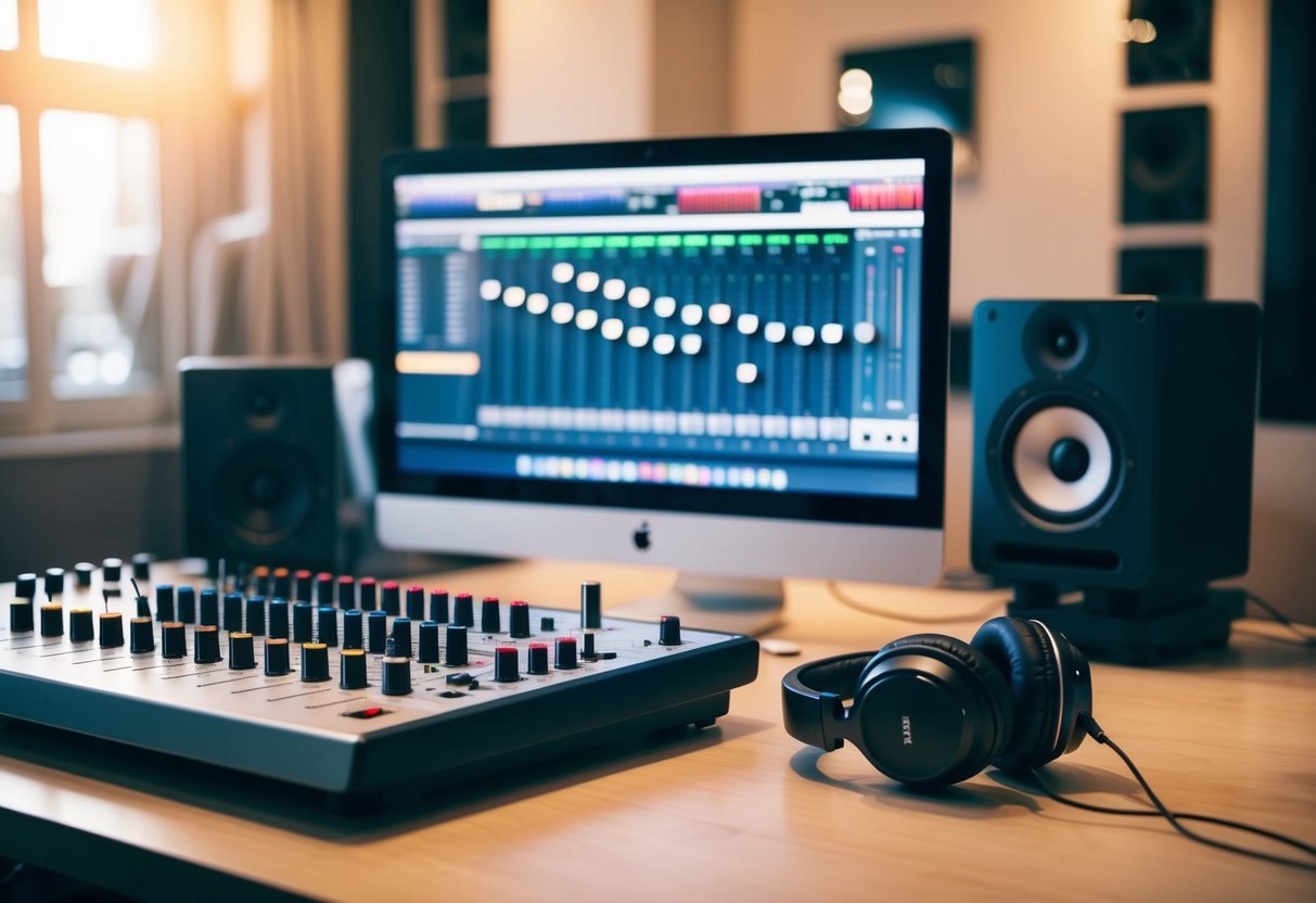 A mixing board with various knobs and sliders, a computer screen displaying a digital audio workstation (DAW), and headphones resting on the desk