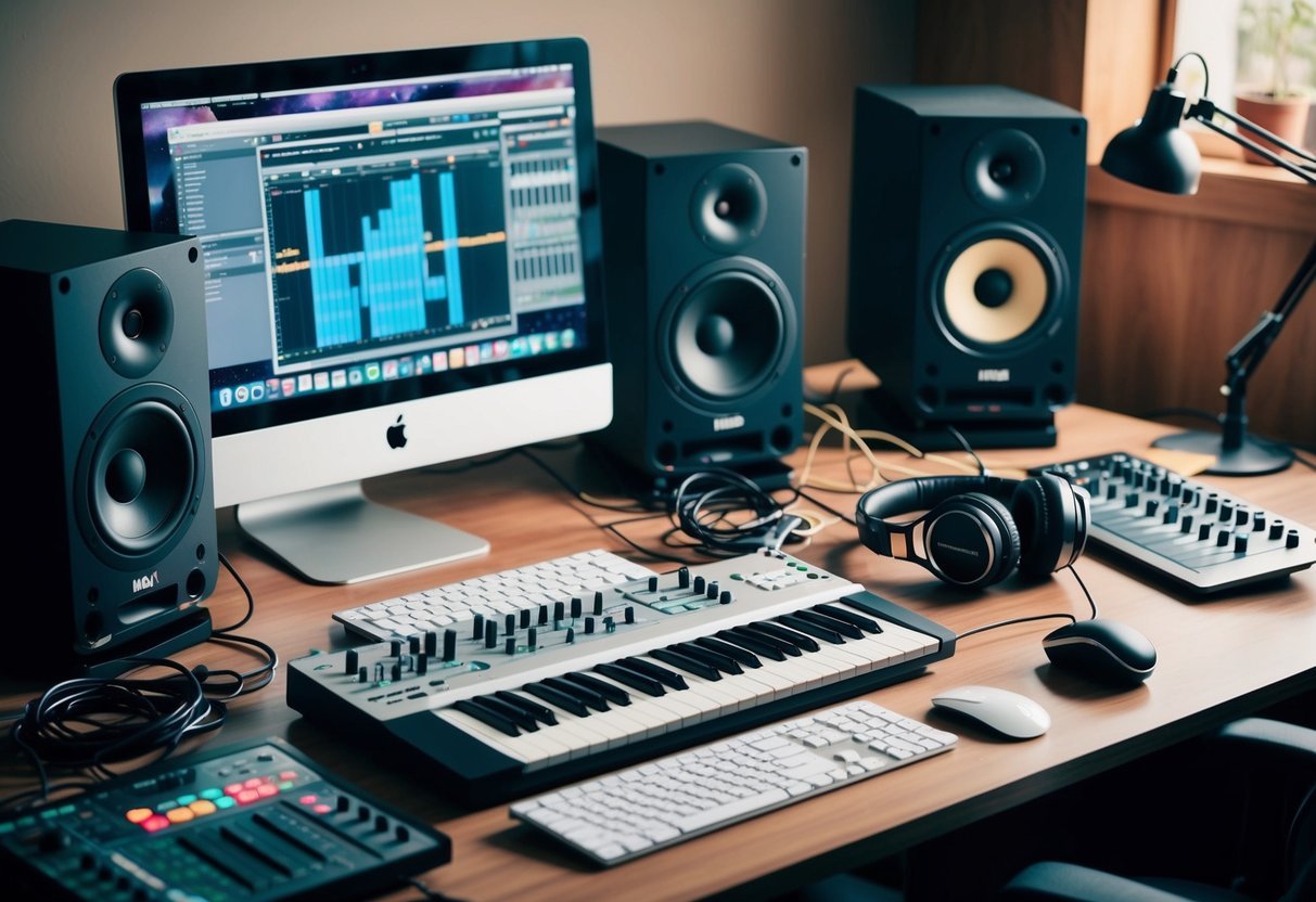 A cluttered desk with a laptop, MIDI keyboard, studio monitors, and headphones.</p><p>Cables and music production software scattered around