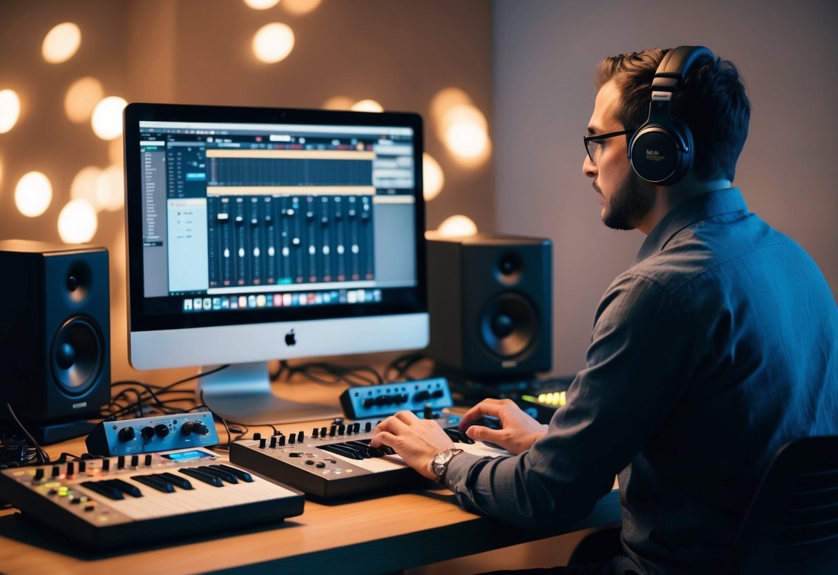A music producer sits at a computer, surrounded by audio equipment and MIDI controllers.</p><p>The digital audio workstation (DAW) interface is visible on the computer screen