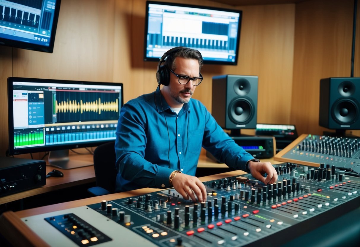 A music producer sits at a mixing console, adjusting knobs and sliders while listening to a recording through studio monitors.</p><p>Computer screens display waveforms and editing software