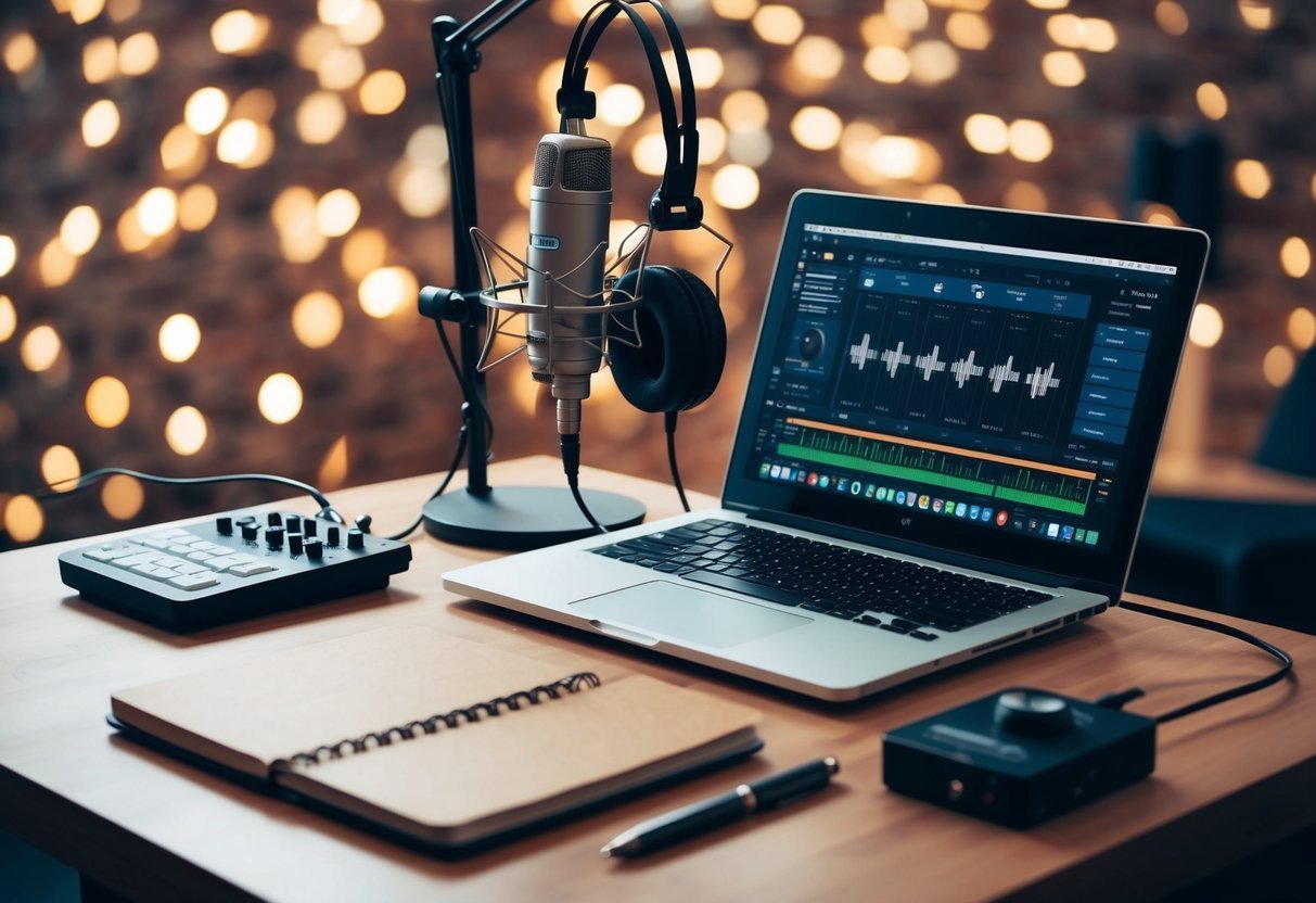 A desk with a laptop, MIDI keyboard, headphones, and audio interface.</p><p>A microphone stands nearby.</p><p>A notebook and pen sit on the desk
