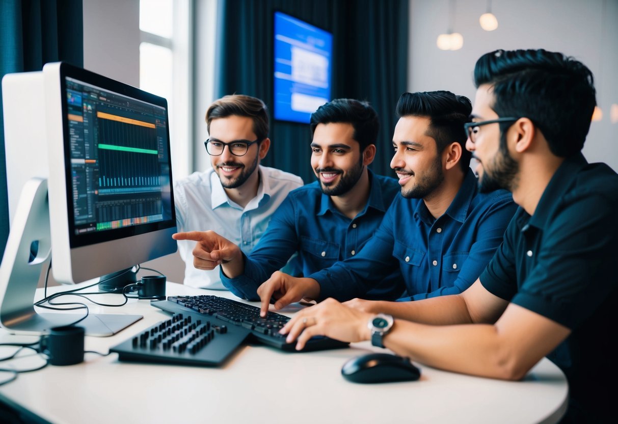 A group of individuals sit around a computer, pointing and discussing as they collaborate on producing music in a digital audio workstation (DAW)