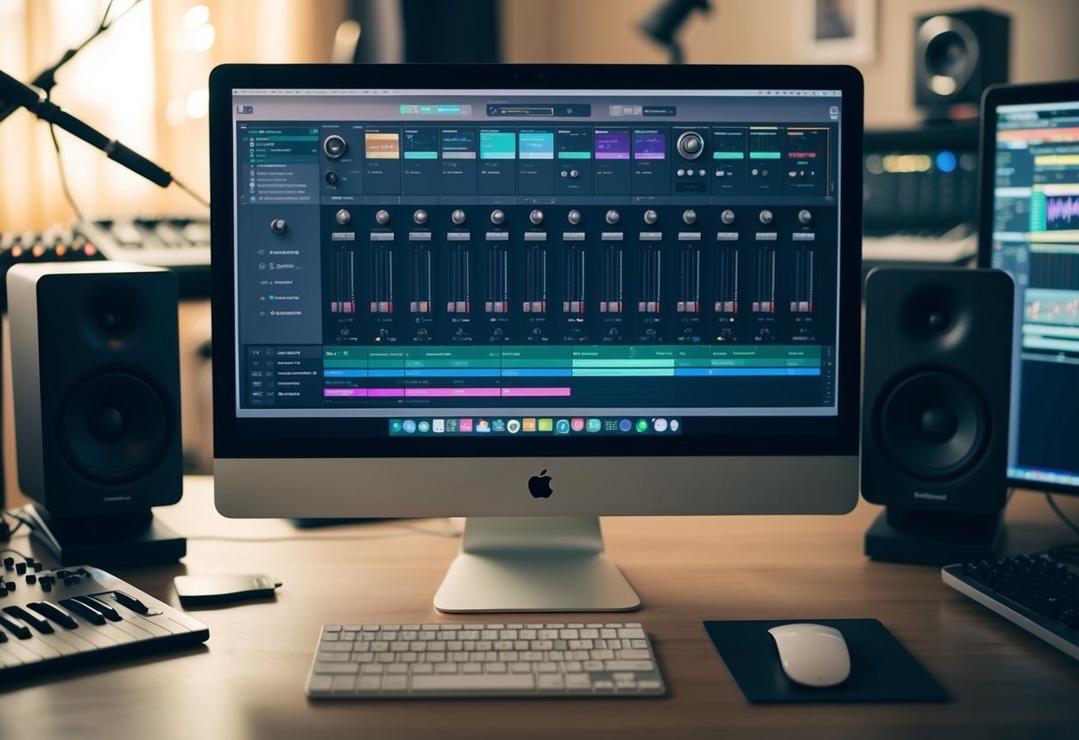 A computer screen displaying a digital audio workstation (DAW) with various tracks, plugins, and editing tools.</p><p>A keyboard and mouse are nearby, along with musical instruments and reference materials