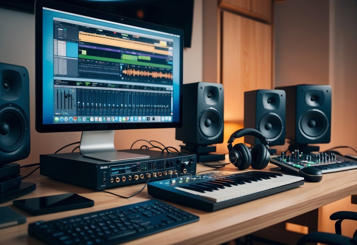 A cluttered studio desk with a computer, audio interface, MIDI keyboard, studio monitors, and headphones