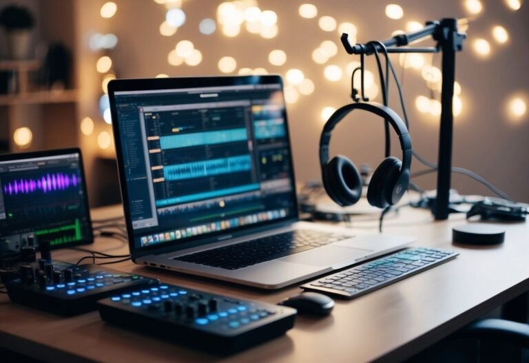 Laptop, headphones, and audio equipment on a desk with bokeh lights