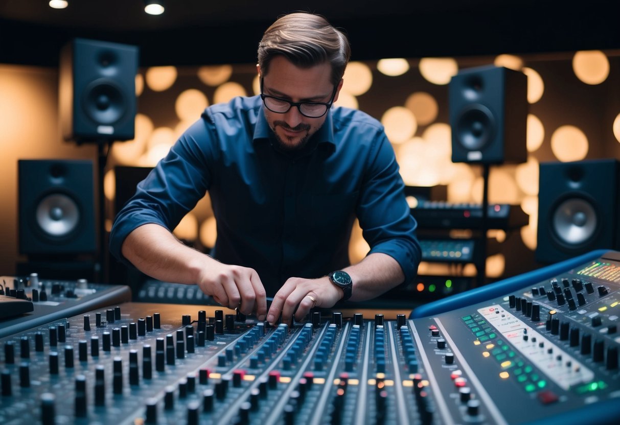 A sound engineer adjusts knobs on a mixing console, surrounded by various audio equipment and instruments in a dimly lit studio