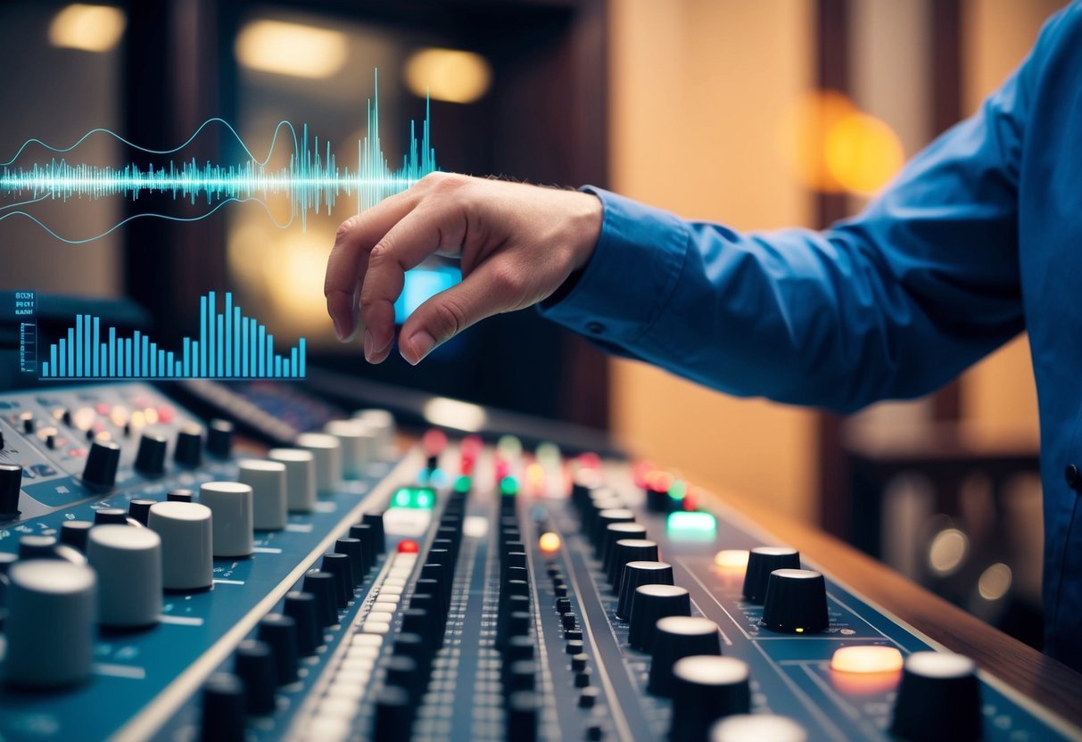 A sound engineer adjusts knobs on a mixing console while sound waves and frequency graphs hover in the air around them