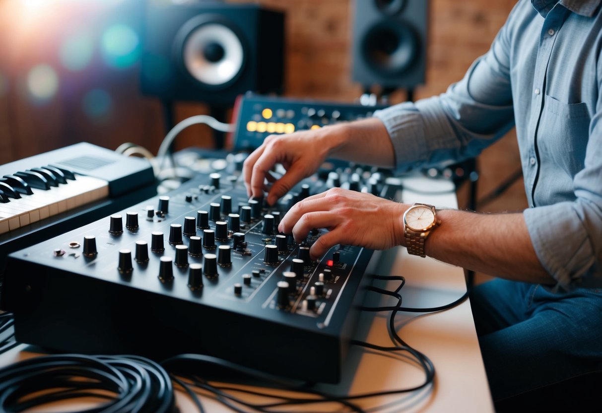 A sound engineer adjusts knobs on a synthesizer, surrounded by cables and electronic equipment in a studio