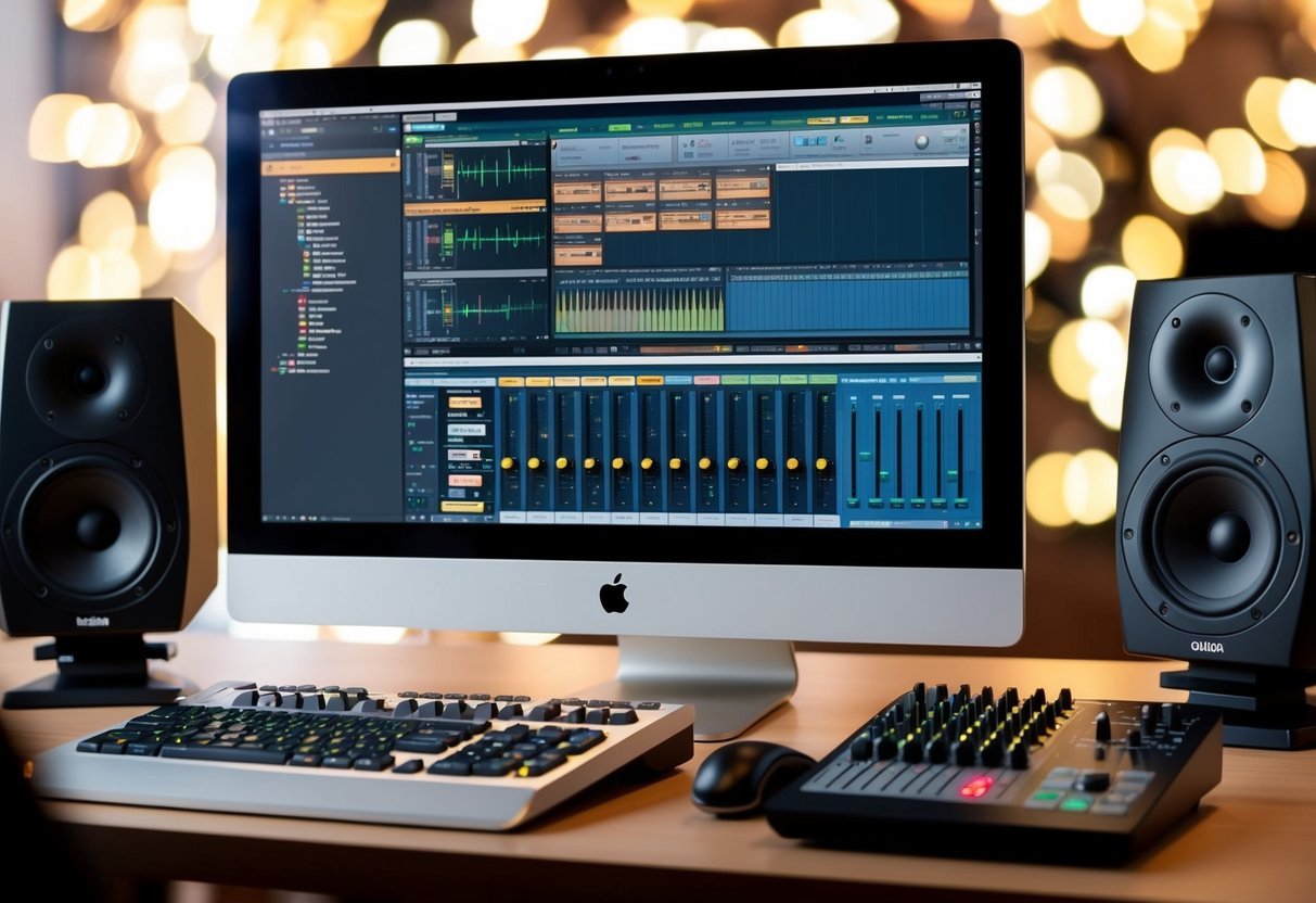 A computer screen with a digital audio workstation open, showing various sample libraries, plugin interfaces, and MIDI tracks.</p><p>An external MIDI controller and studio monitors sit nearby