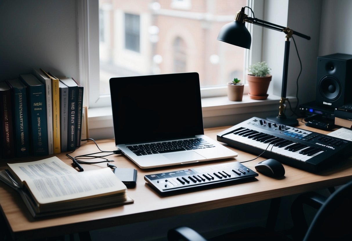 Desk with laptop, keyboard, books, and a window with a view