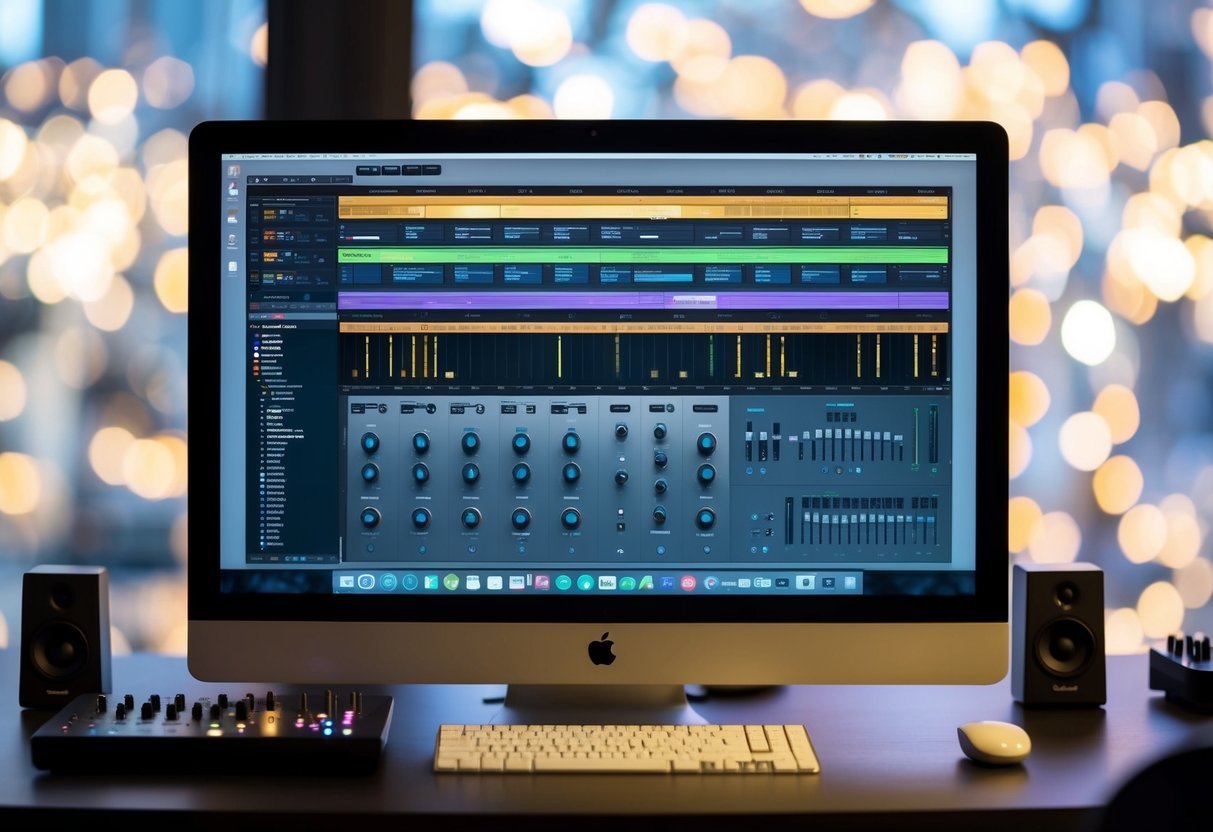A computer screen displaying a digital audio workstation with various audio tracks, sample libraries, plugin interfaces, and MIDI controllers