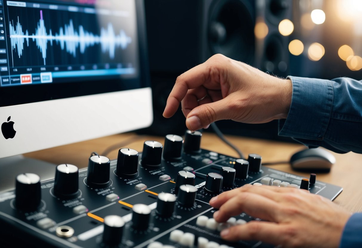 A hand adjusting knobs on a sound mixing board, with audio waveforms displayed on a computer monitor
