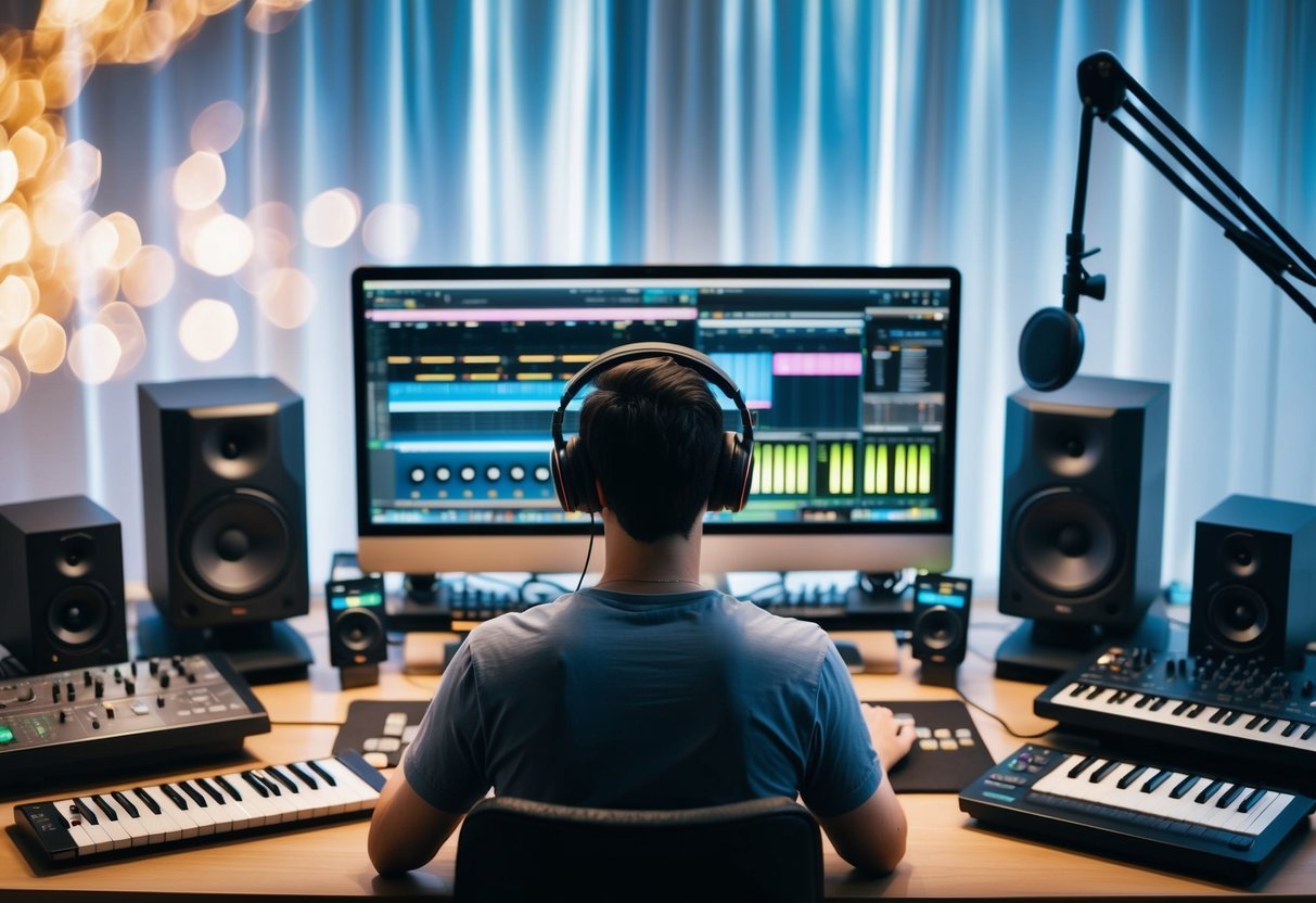 A person sitting at a computer desk surrounded by musical instruments, headphones, and a variety of audio equipment.</p><p>They are working with samples, plugins, and MIDI controllers to create music