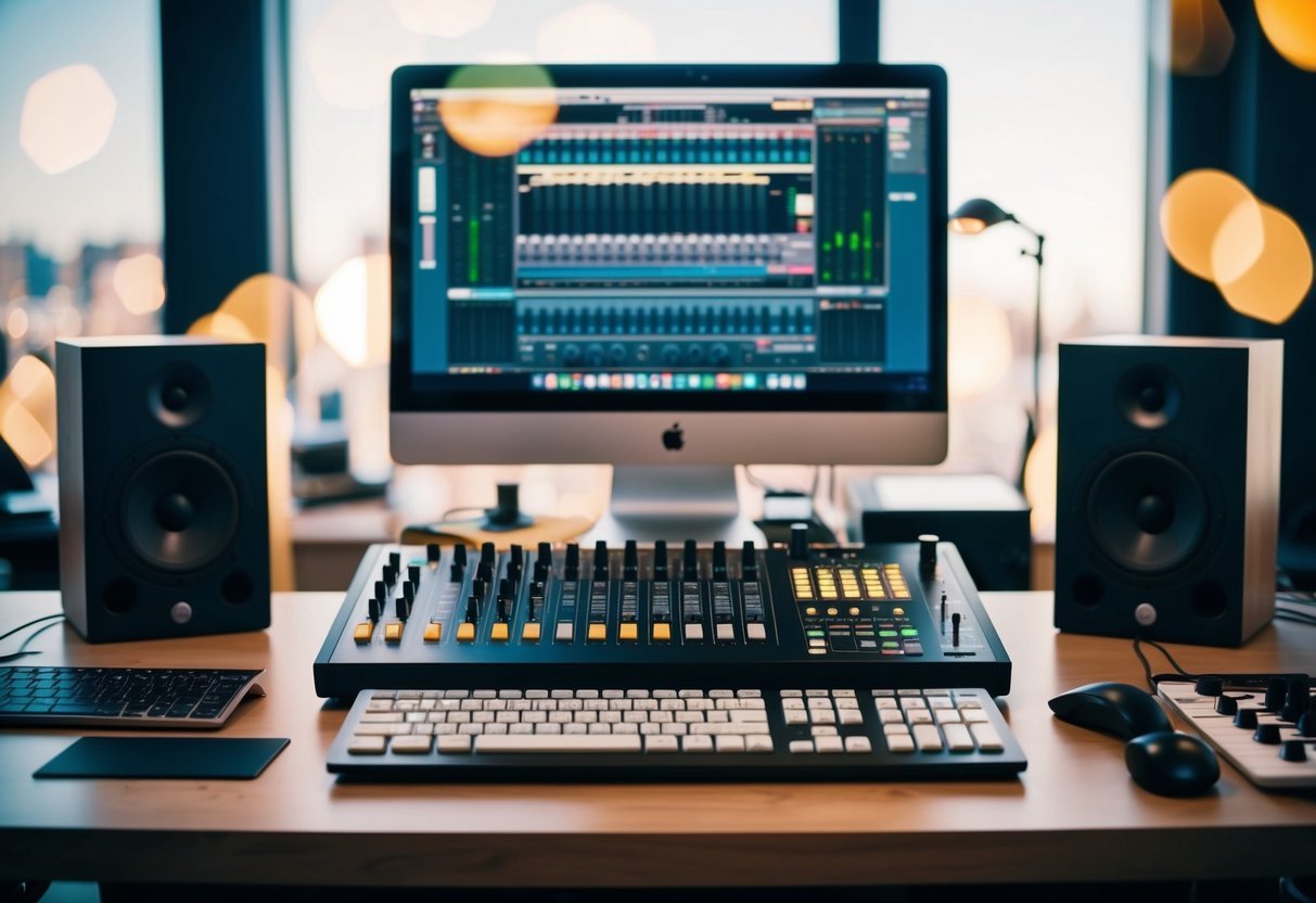 A recording studio desk with a computer, MIDI keyboard, mixing board, and various audio plugins and samples