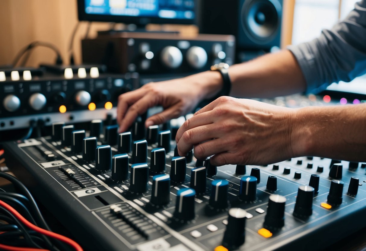 A person adjusting knobs and sliders on a sound mixing board, with various audio equipment and cables surrounding them