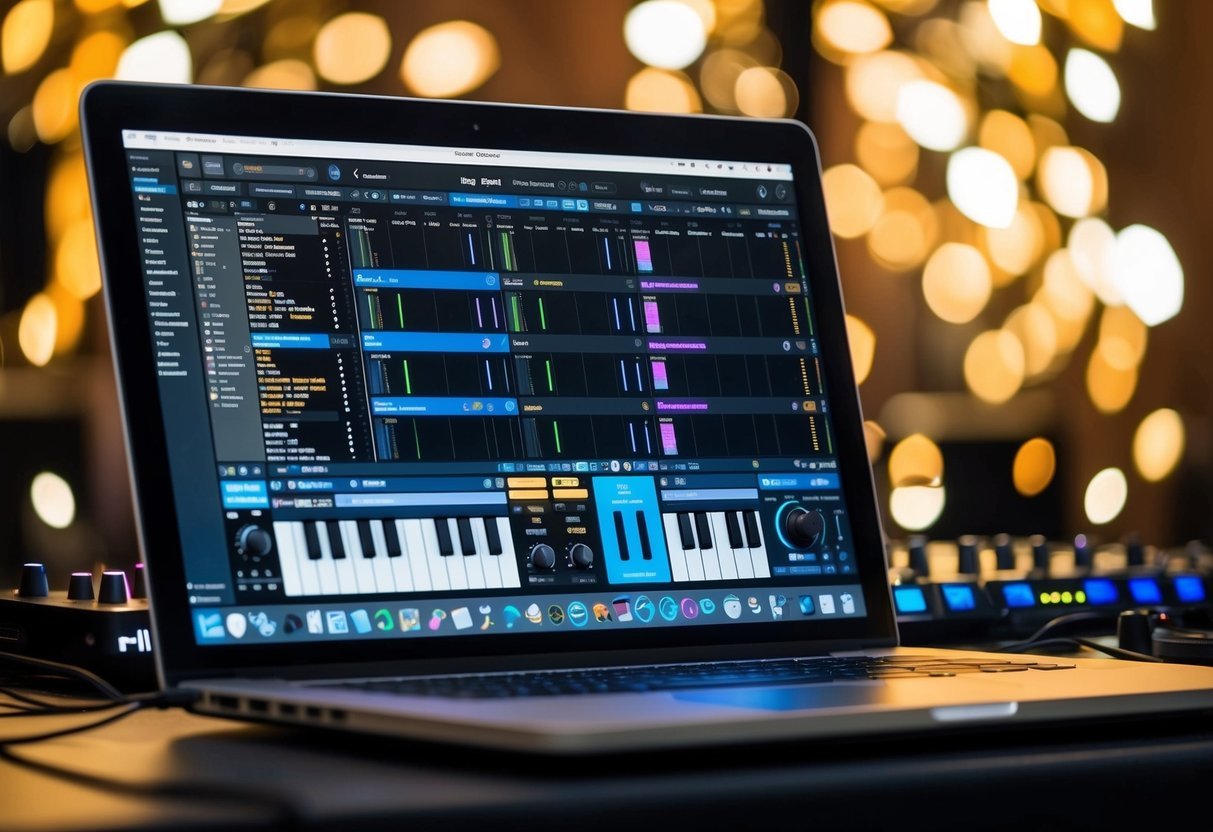 A laptop screen displaying a live performance and DJ software interface with various samples, plugins, and MIDI controls