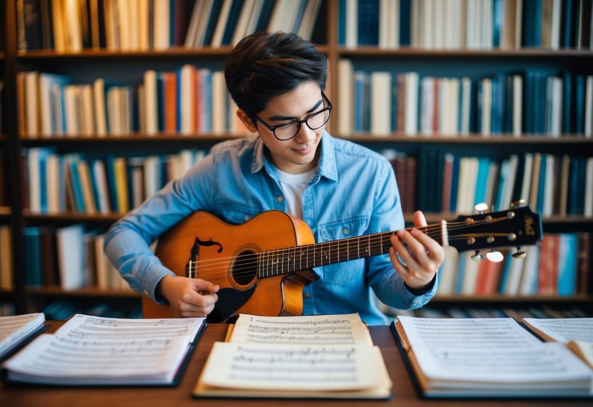 Young man with glasses playing acoustic guitar in a library