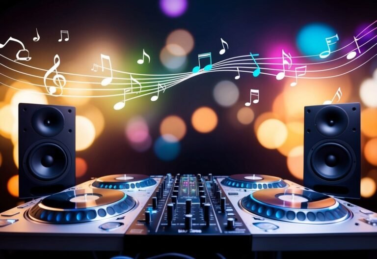 DJ setup with speakers, turntables, mixer, and musical notes on a colorful background