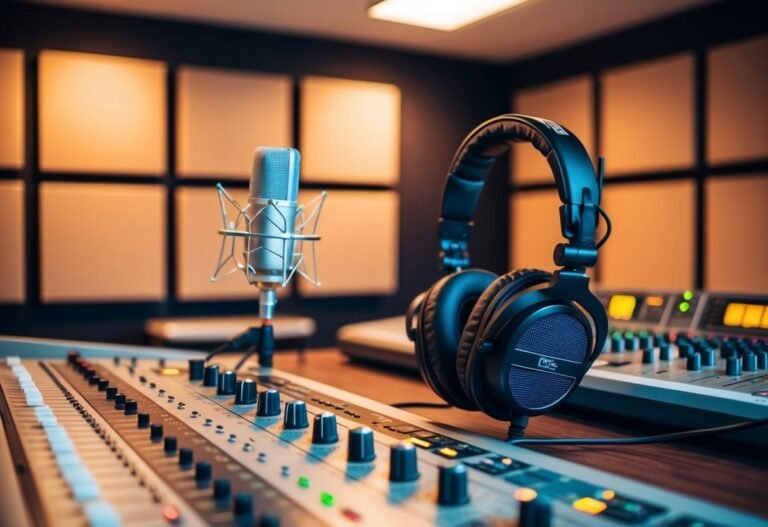 Microphone, headphones, and soundboard in a recording studio