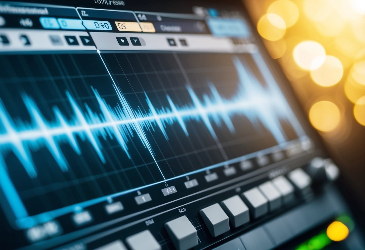 A sound wave being compressed and limited, with audio levels being adjusted on a mastering software interface
